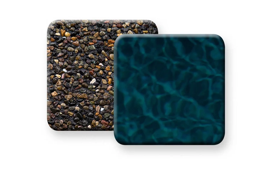 PebbleTec Black Pearl manufacturer sample showing finish texture and water appearance
