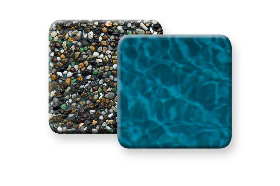 PebbleTec Emerald Bay manufacturer sample showing finish texture and water appearance