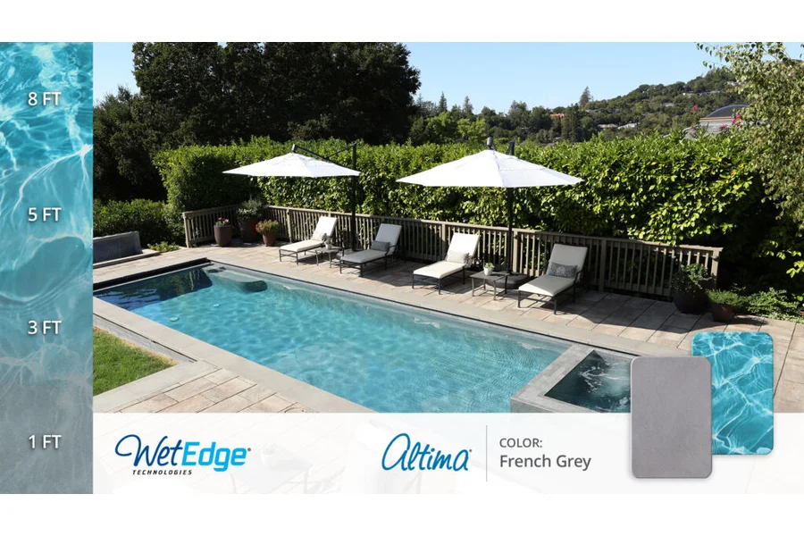 Wet Edge French Grey manufacturer reference with finish texture and water color at different depths